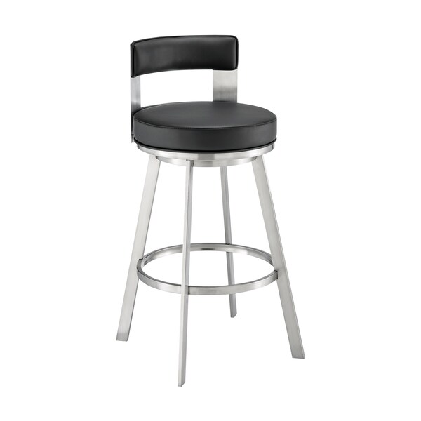 Armen Living Lynof Swivel Counter Stool in Brushed Stainless Steel with Black Faux Leather 840254335455 - main